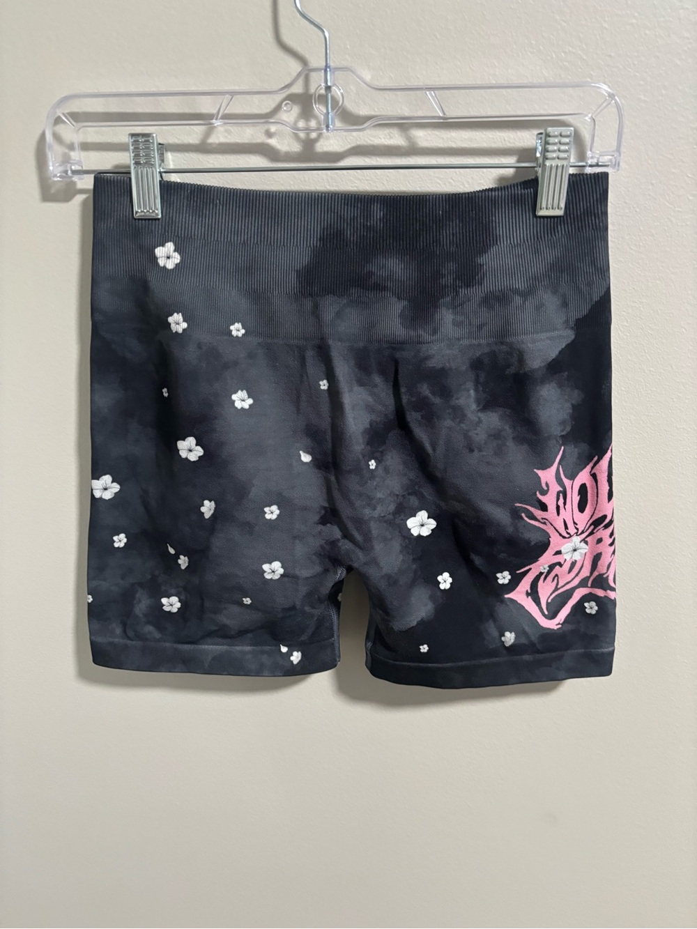 Darc Sport Black Tie-Dye Floral Bike Shorts with Pink Graphic